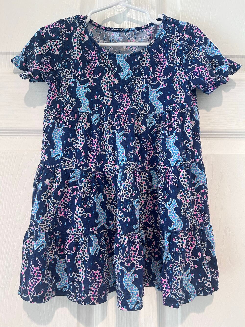 Lilly Pulitzer Girls Mini Jodee Dress XS 2-3T Navy Leopard Print Ruffle Sleeve